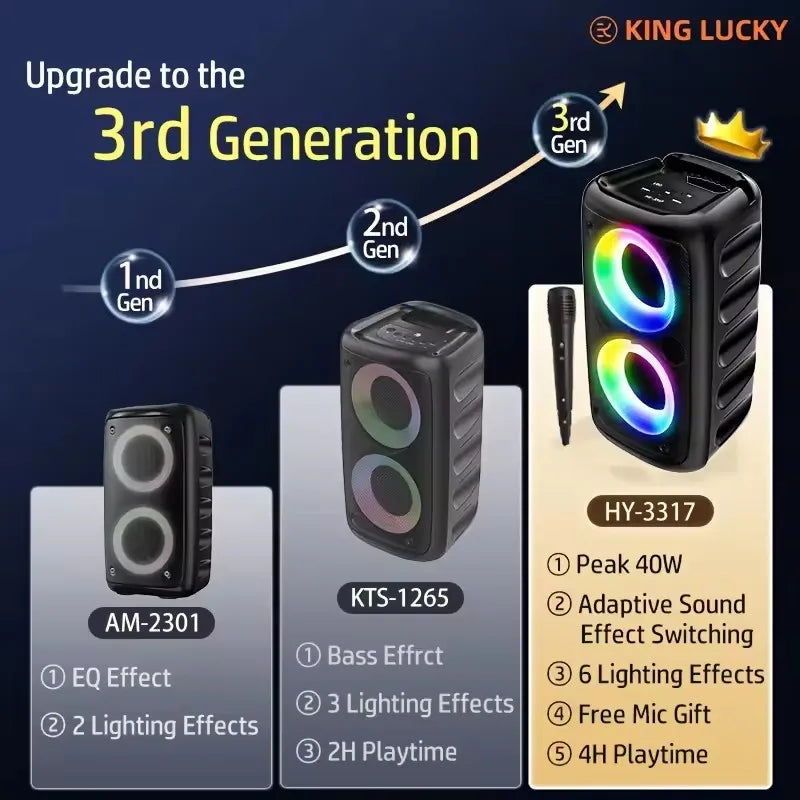 Black king lucky hy-3317 karaoke portable wireless bluetooth speaker with dual rgb led lights microphone lamp radio fm subwoofer