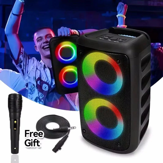 Black karaoke portable wireless bluetooth speaker with microphone lamp radio and radio fm subwoofer featuring led lights and control buttons