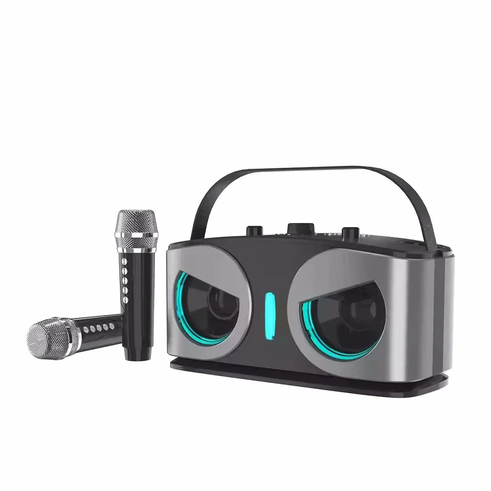 Silver and black karaoke portable wireless speaker with glowing teal subwoofer and two wireless microphones sound box music