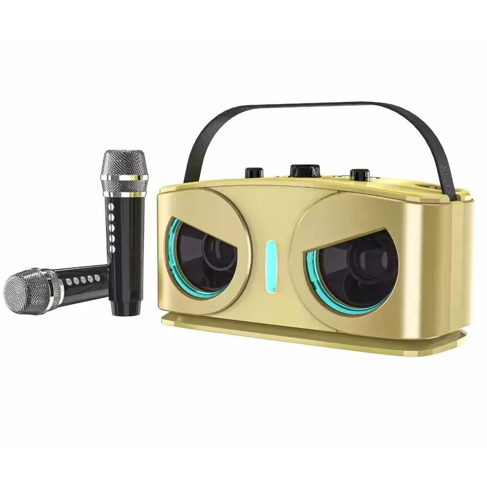 Gold-colored karaoke portable wireless speaker with teal accents and two black microphones microphone machine subwoofer som bocina audio
