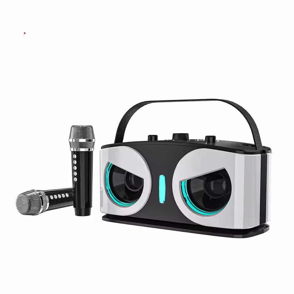 Black and white karaoke portable wireless speaker with teal glowing subwoofer and handle for powerful sound box use