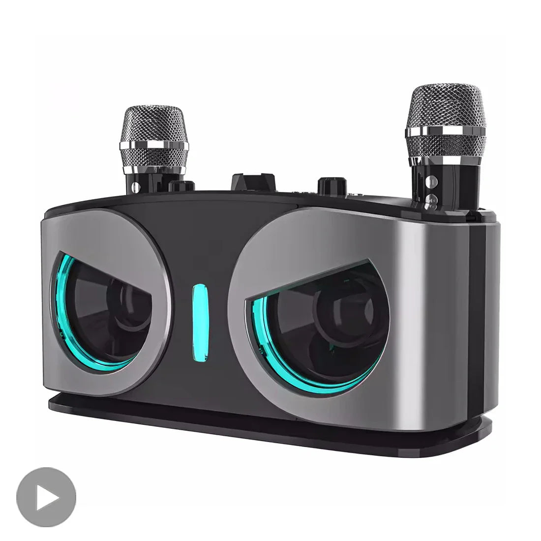 Black and silver karaoke portable wireless speaker with dual microphones and teal led lights for powerful som bocina audio