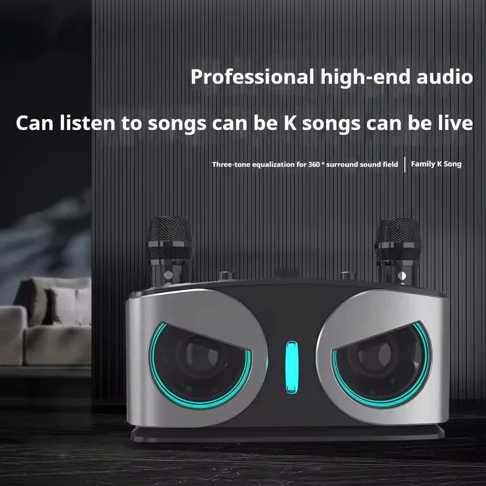 Silver and black karaoke portable wireless speaker with glowing teal accents and microphone machine subwoofer for powerful sound box