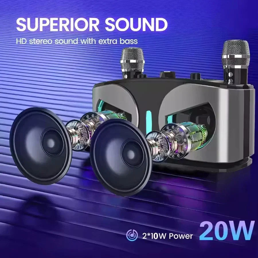 Silver and black karaoke portable wireless speaker with dual 10w speakers and two built-in microphones for powerful sound box use