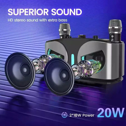 Silver and black karaoke portable wireless speaker with dual 10w speakers and two built-in microphones for powerful sound box use