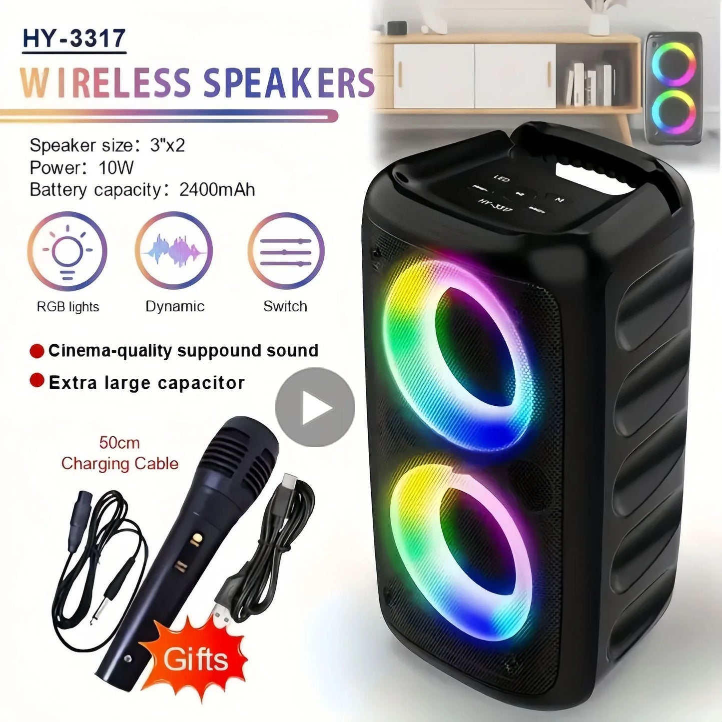 Black rectangular karaoke radio wireless speaker with two circular rgb led lights and handle microphone lamp machine box music subwoofer