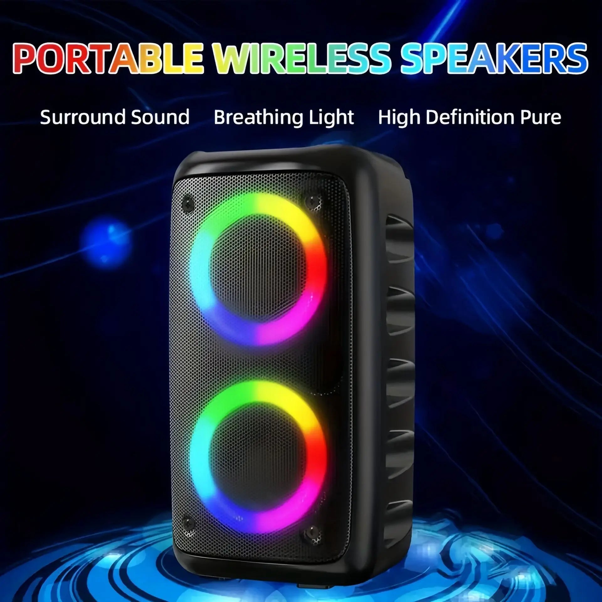 Black portable wireless karaoke radio speaker with two circular drivers and vibrant rainbow lights for microphone lamp machine and box music subwoofer