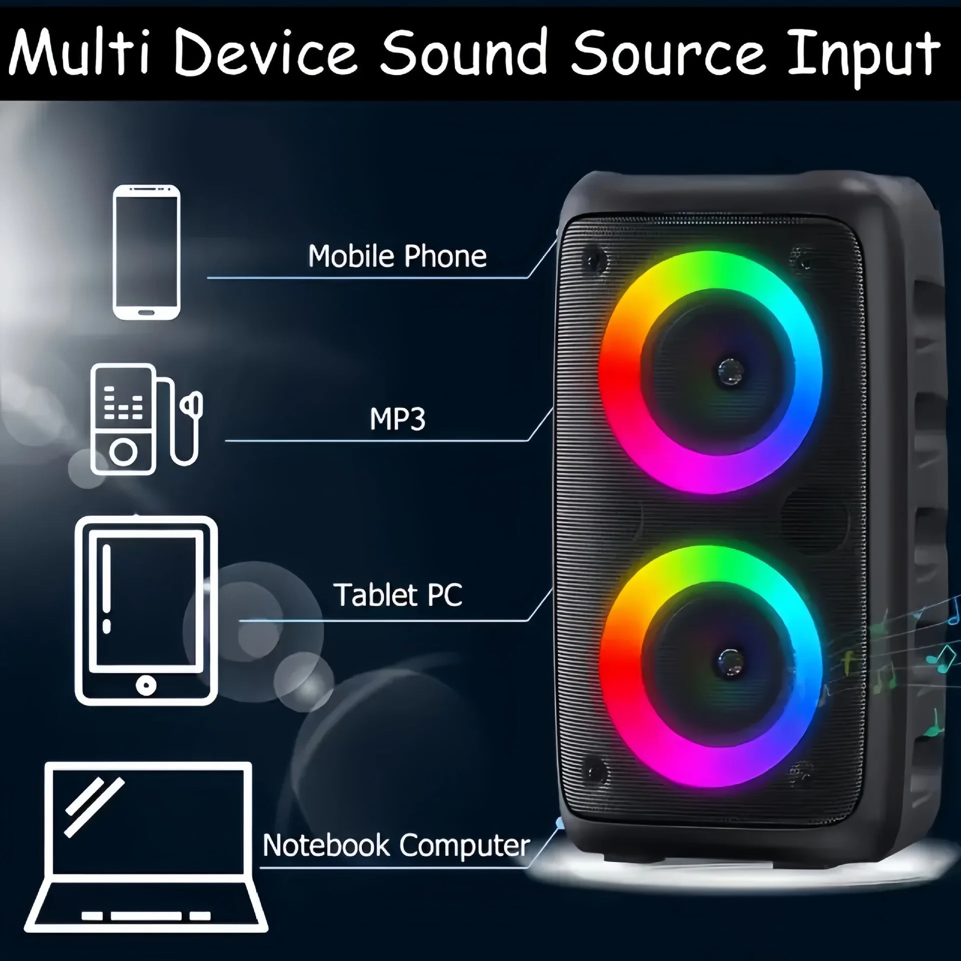 Black portable karaoke radio bluetooth speaker with rainbow led rings and box music subwoofer for microphone lamp machine use