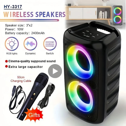 Black rectangular karaoke radio portable wireless speaker with rgb led lights handle and microphone lamp machine features