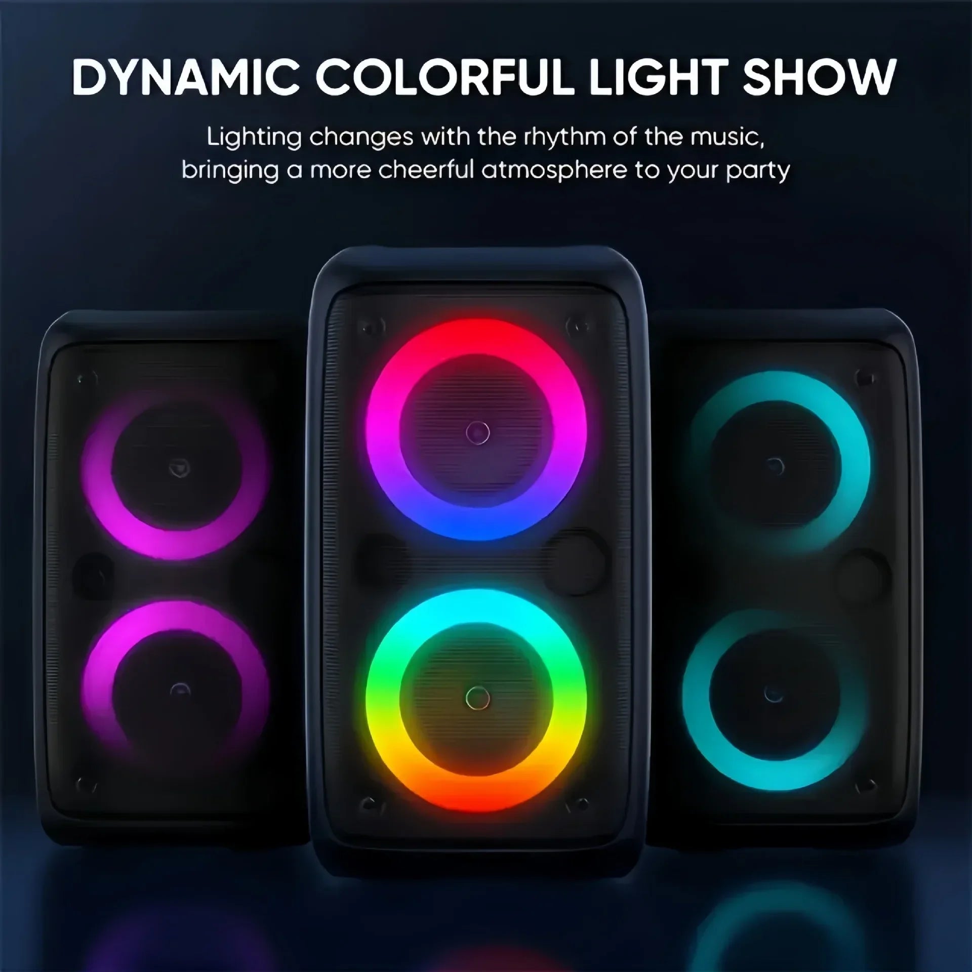 Black rectangular karaoke radio bluetooth speaker with vibrant rgb lighting rings and box music subwoofer wireless microphone lamp machine
