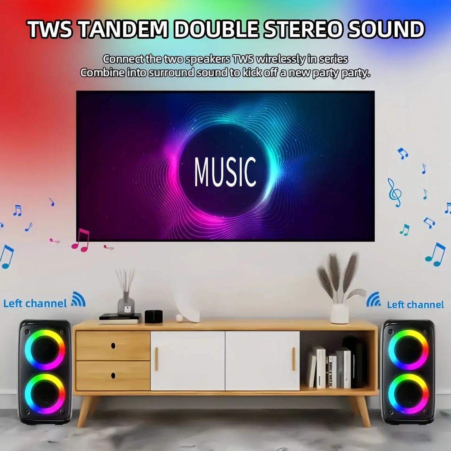 Black tws tandem double stereo sound speakers with vibrant rainbow led lighting for karaoke radio and microphone lamp machine use