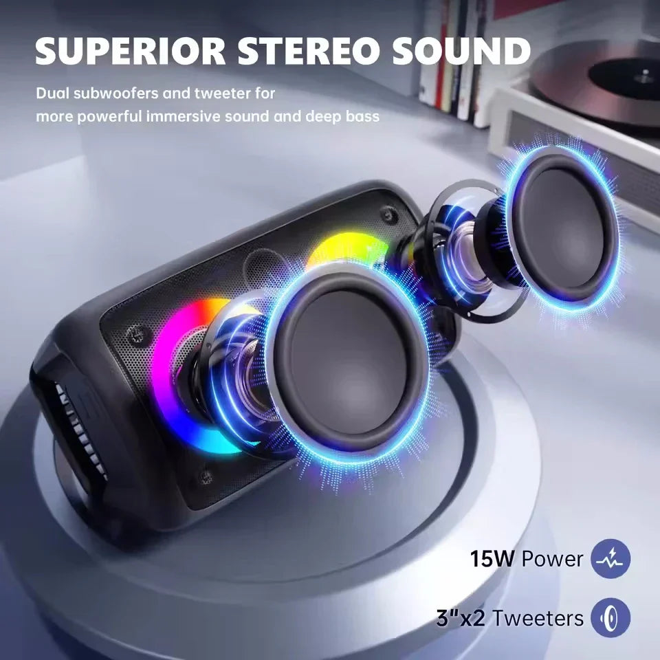 Black portable bluetooth speaker with microphone lamp subwoofer and glowing blue rainbow led lights for karaoke radio use