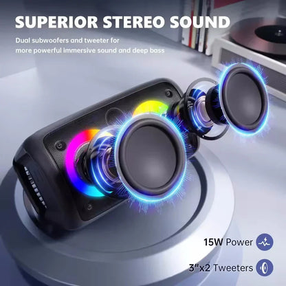Black portable bluetooth speaker with microphone lamp subwoofer and glowing blue rainbow led lights for karaoke radio use