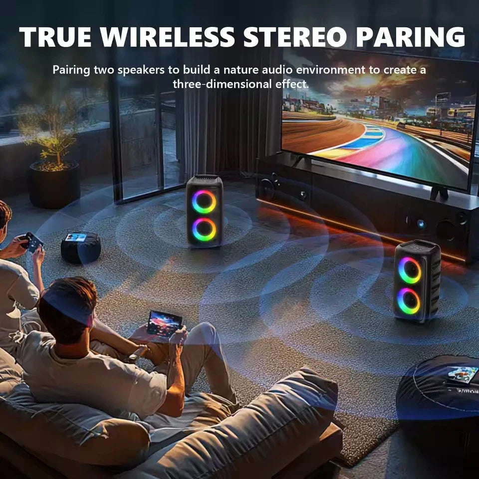 Black and gray portable bluetooth speaker with circular rgb lighting featuring microphone lamp subwoofer for karaoke radio use