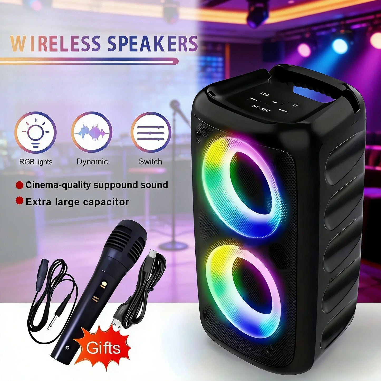 Black portable bluetooth speaker with rgb lighting microphone lamp subwoofer designed for karaoke radio party use