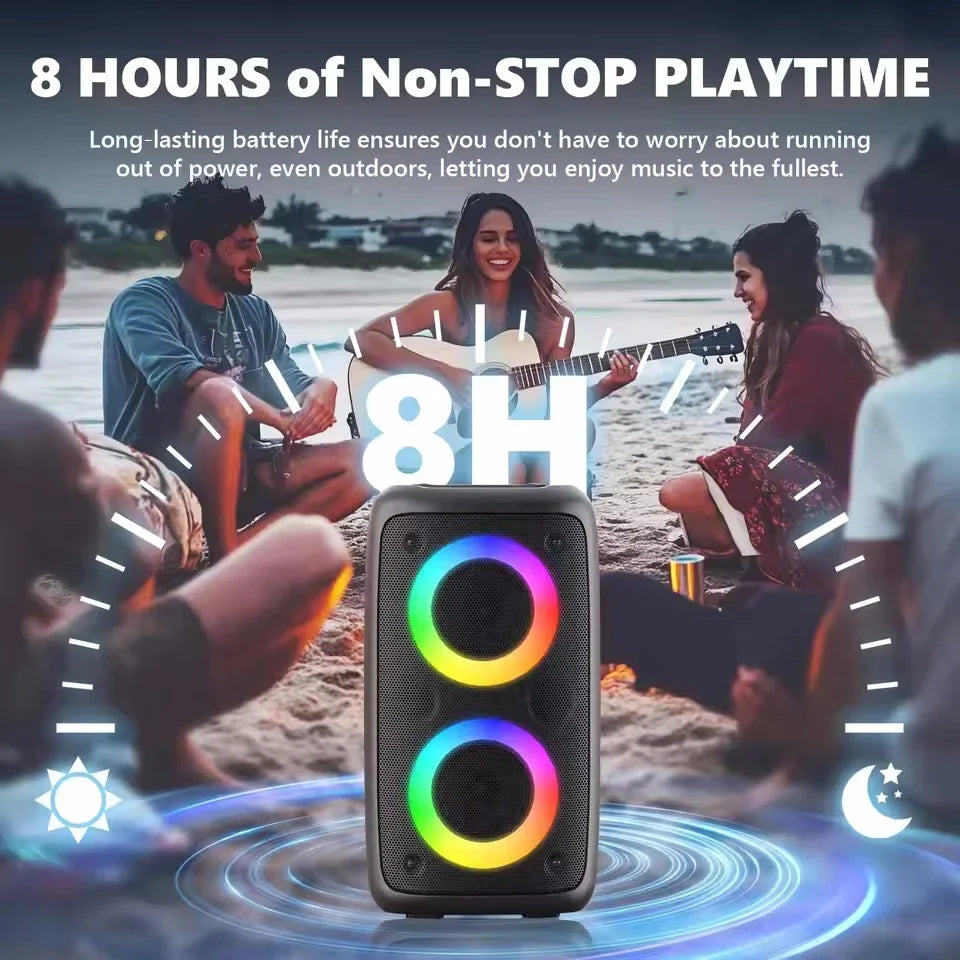 Black portable bluetooth speaker with two circular rgb led lights featuring microphone lamp subwoofer for karaoke radio use