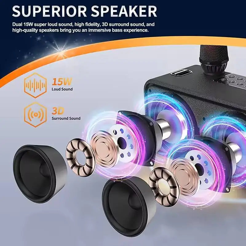Black portable karaoke sound bluetooth speaker with dual 15w loudspeakers and built-in microphone for portable outdoor singing machine home ktv