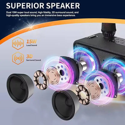 Black karaoke sound bluetooth speaker portable outdoor with dual 15w loudspeakers and built-in microphone for machine home ktv