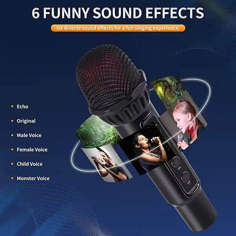 Black handheld karaoke sound bluetooth microphone with textured grille and control buttons for portable outdoor singing machine home KTV