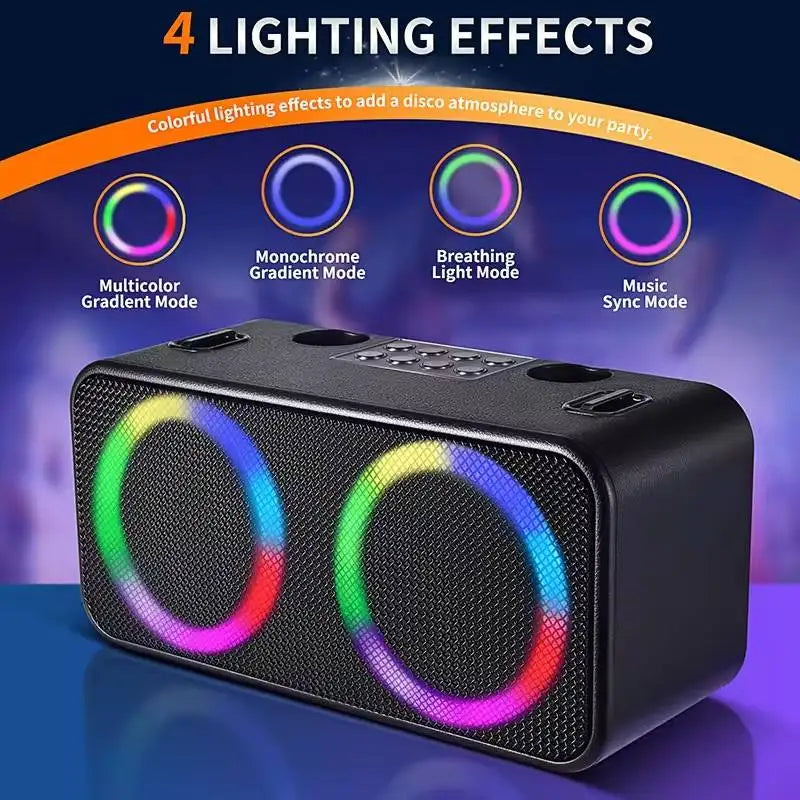 Black rectangular karaoke sound bluetooth speaker with two illuminated rainbow drivers for portable outdoor singing machine home ktv