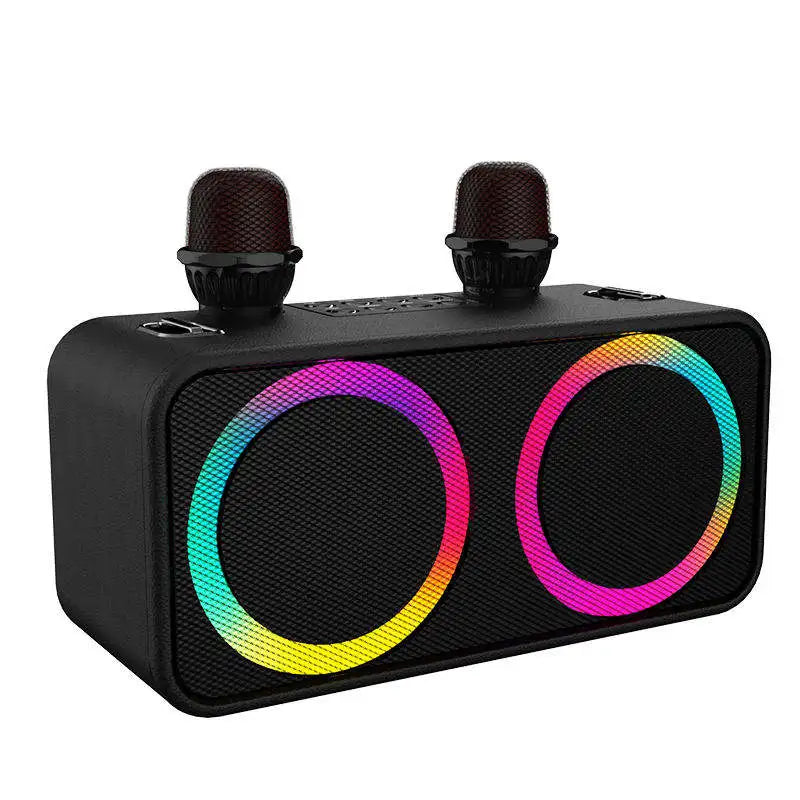 Black rectangular karaoke sound bluetooth speaker with two microphones and rainbow led rings for portable outdoor singing machine home ktv