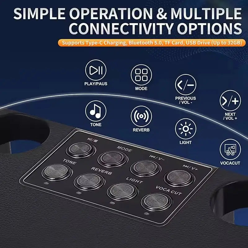 Black karaoke sound bluetooth all-in-one set with textured surface and six silver control buttons for machine home ktv use