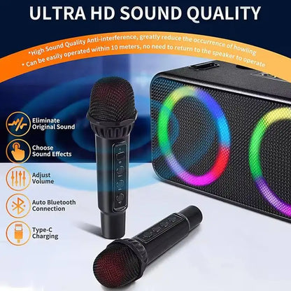 Black wireless karaoke sound bluetooth microphone with mesh grille and control buttons for portable outdoor speaker machine home ktv