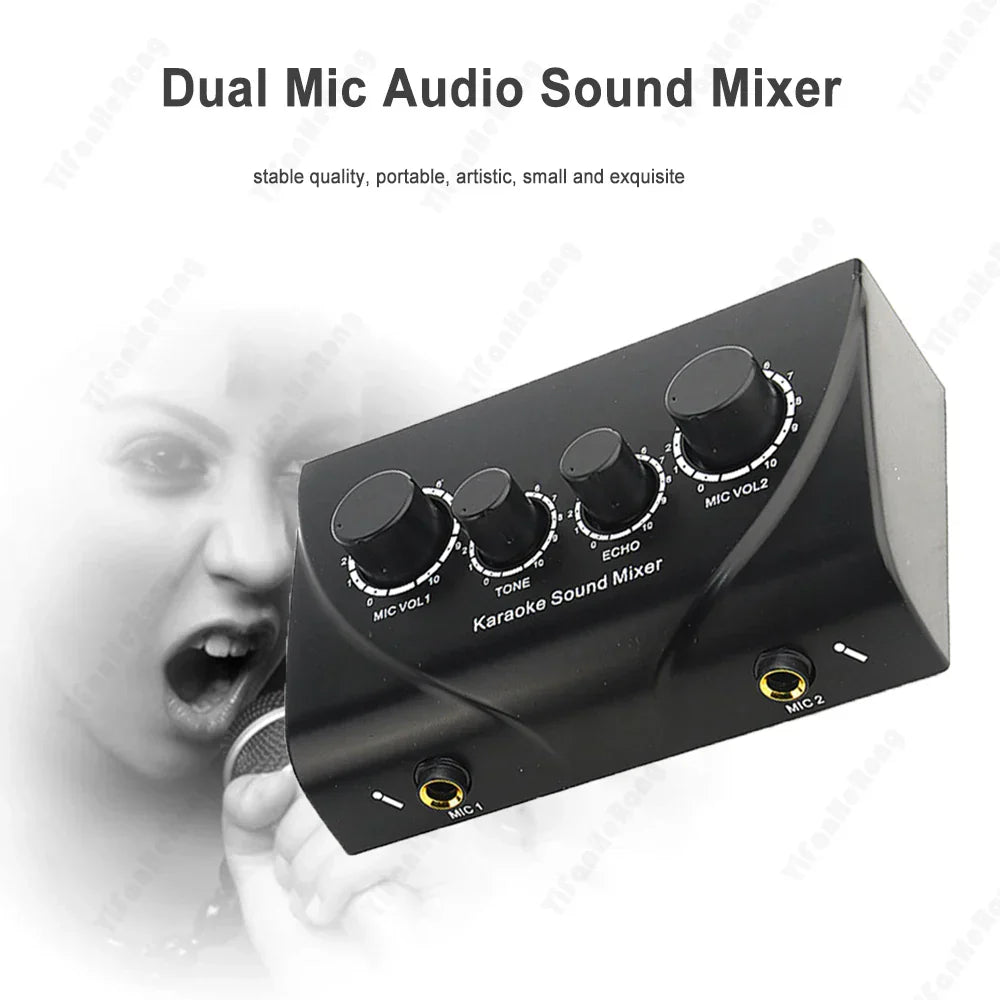 Black dual mic karaoke sound mixer with four rotary knobs and gold microphone jacks portable mini digital echo system