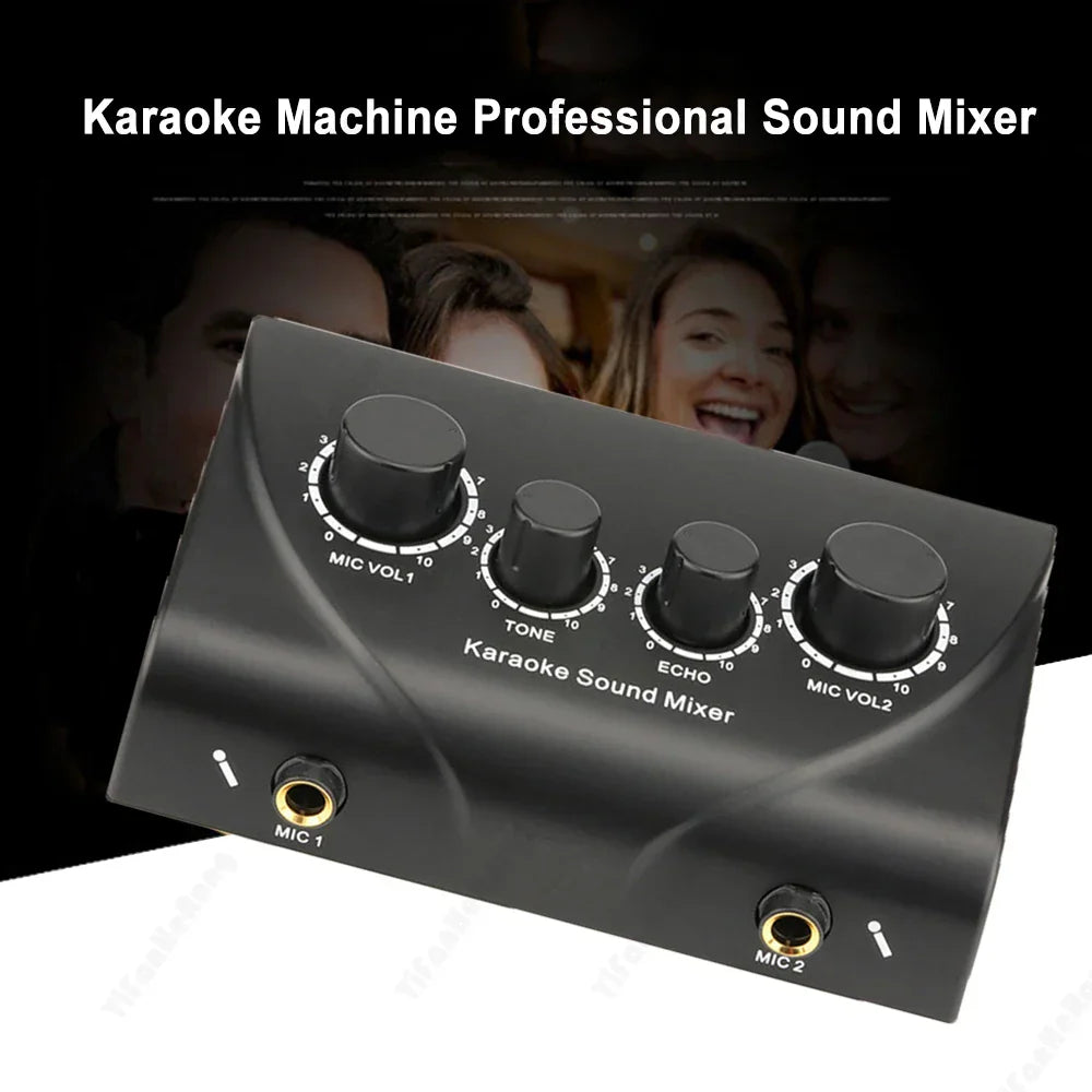 Black karaoke sound mixer with four rotary knobs and gold microphone jacks for portable mini digital karaoke machine echo use