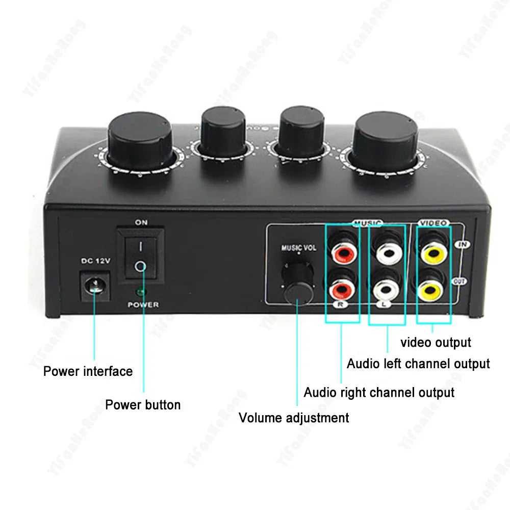 Black rectangular karaoke sound mixer with four rotary knobs and rca jacks for portable mini digital karaoke machine echo