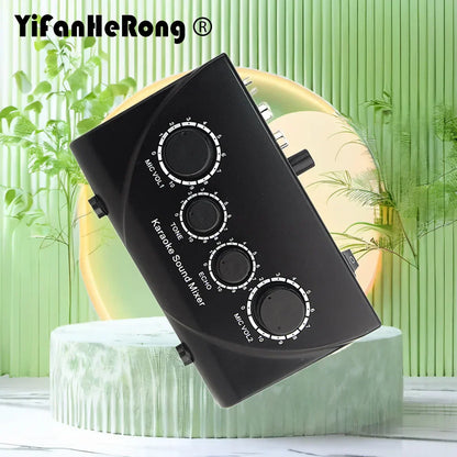 Black yifanherong karaoke sound mixer with four rotary knobs for microphone volume tone echo in portable mini digital karaoke machine echo system