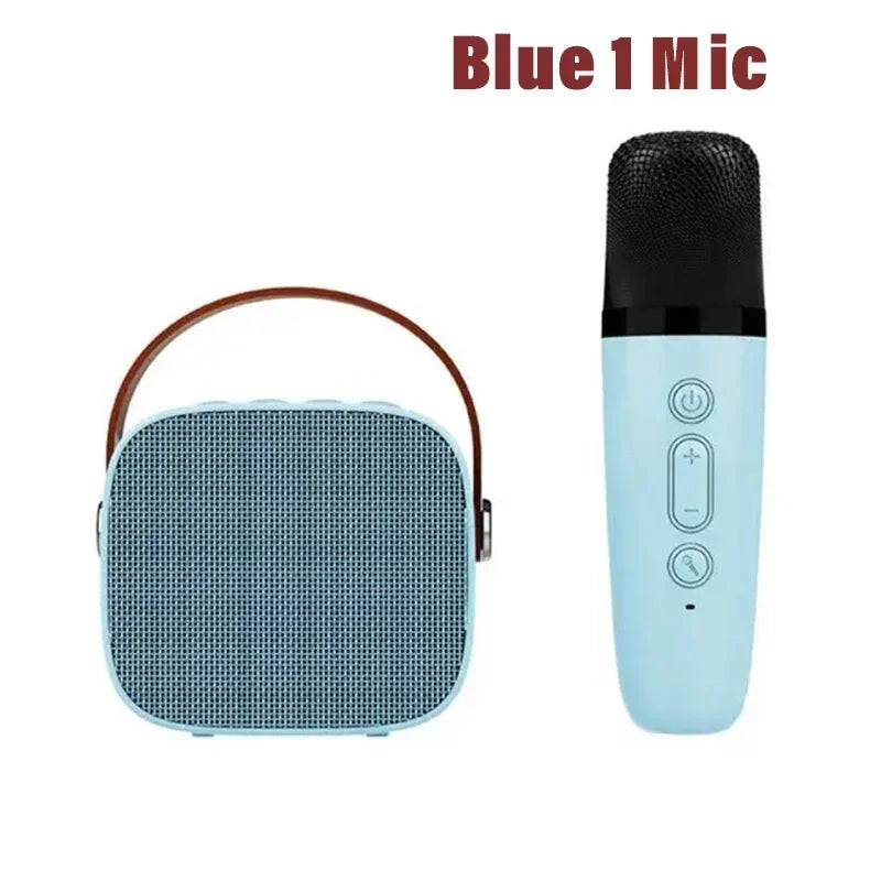 Light blue karaoke wireless dual bluetooth speaker with brown leather handle and matching microphone for adults party gift