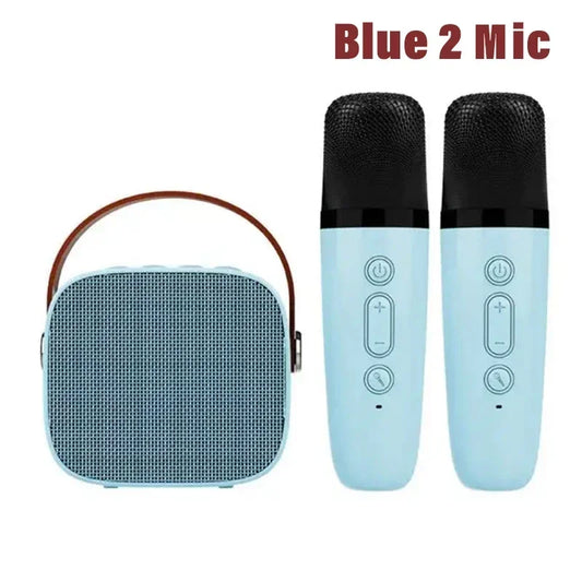 Light blue karaoke wireless dual Bluetooth speaker with brown leather handle and black mesh grille for adults party gift