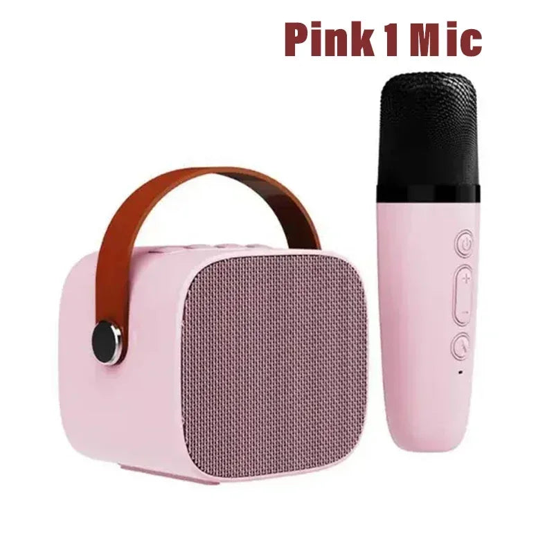 Pink karaoke wireless dual microphone machine ktv dsp speaker with brown leather handle ideal adults party gift