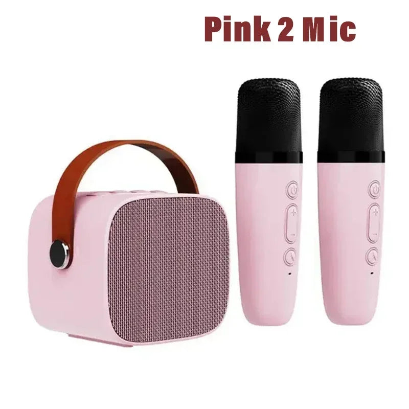 Pink portable karaoke wireless dual speaker machine ktv dsp with brown leather handle and two pink microphones for adults party gift