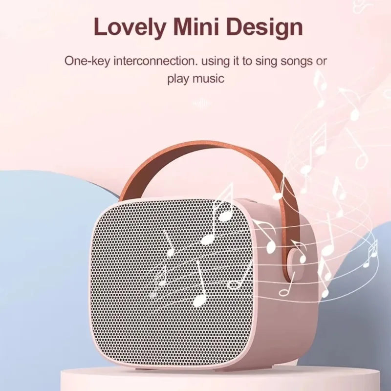 Pastel pink karaoke wireless dual microphone machine ktv dsp speaker with brown leather handle for adults party gift