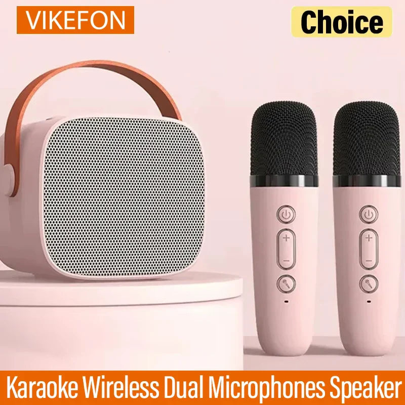Pink vikefon karaoke wireless dual microphones machine ktv dsp with a portable speaker brown leather handle adults party gift
