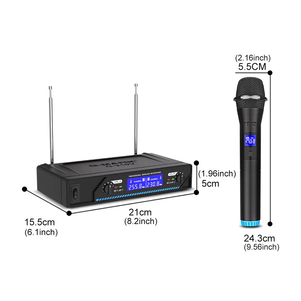 Black karaoke wireless microphone g-mark g210v professional with handheld mic and receiver featuring digital displays