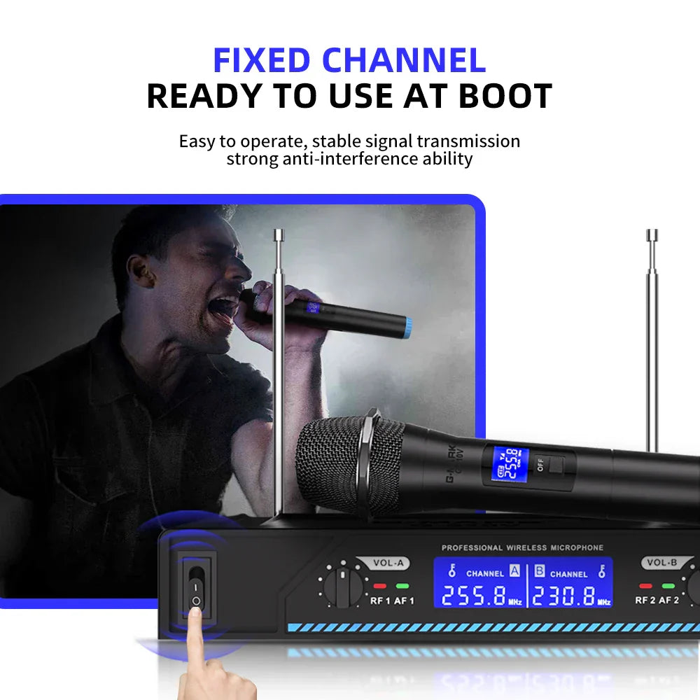 Black karaoke wireless microphone g-mark g210v professional with digital display and dual channel receiver unit for events