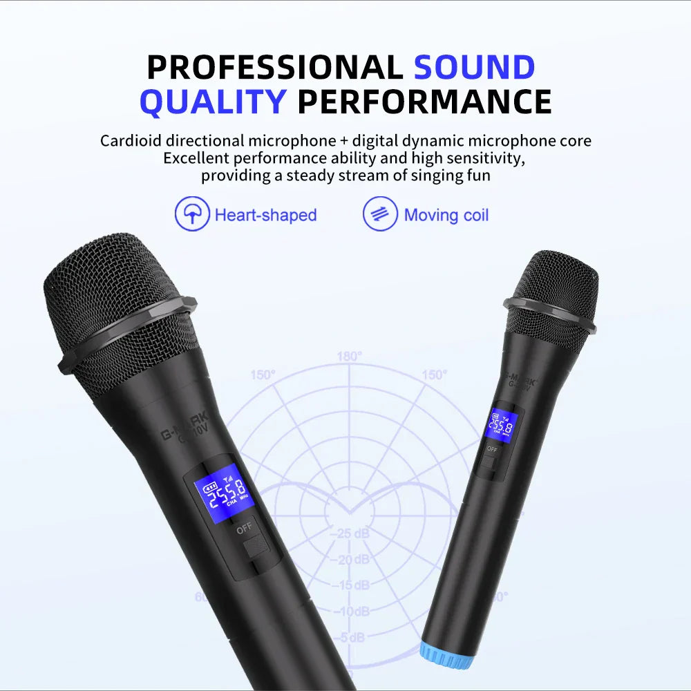 Black karaoke wireless microphone g-mark g210v professional with digital display and mesh grille for party and show use