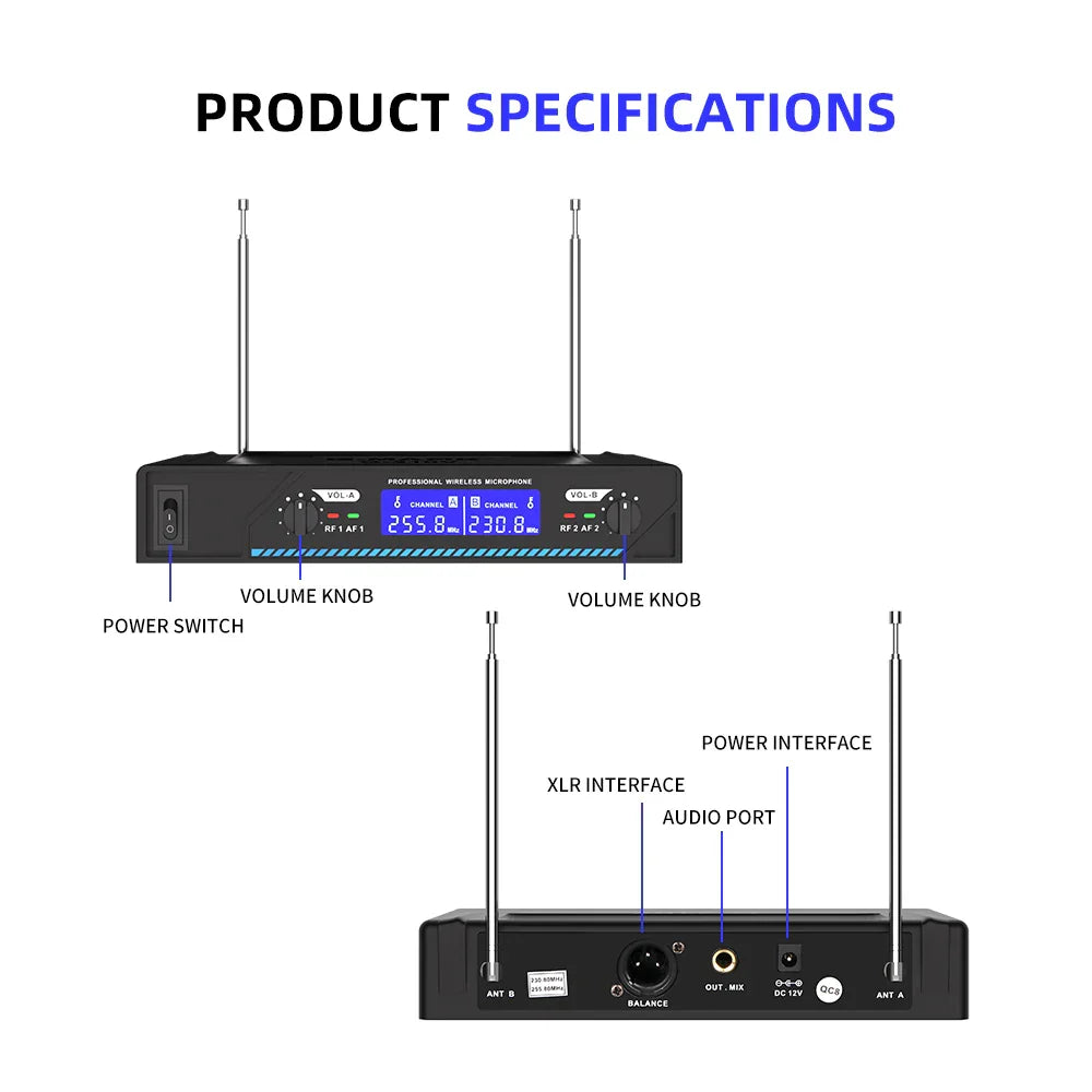 Black professional karaoke wireless microphone receiver g-mark g210v with digital display and dual antennas for party use