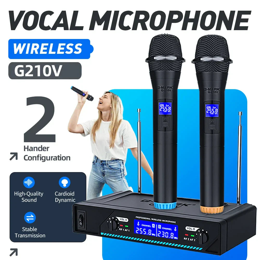 Black karaoke wireless microphone g-mark g210v professional with blue orange accents and digital display for party use
