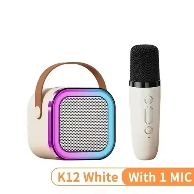 White k12 karaoke wireless portable speaker with rainbow led mini lamp caixa and brown leather handle with white wireless microphone
