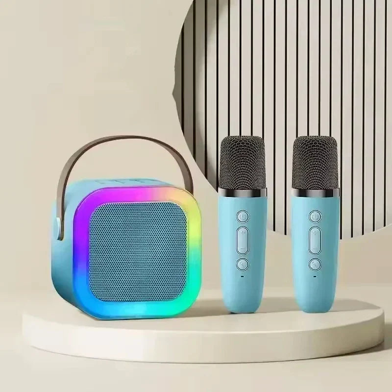 Light blue karaoke wireless portable speaker with rainbow led mini lamp caixa and two matching wireless microphones sound box music