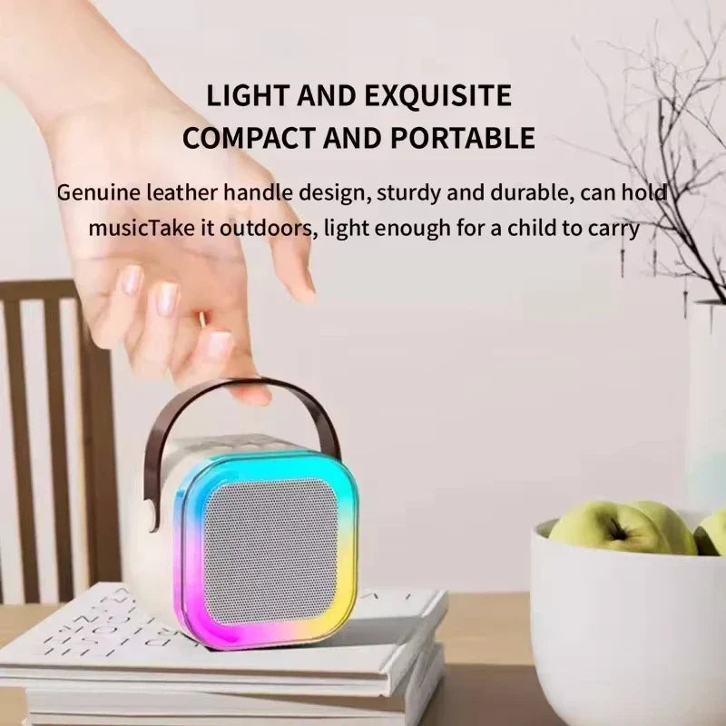 Compact cube-shaped karaoke wireless portable bluetooth speaker with genuine leather handle and vibrant rainbow led mini lamp caixa sound box music