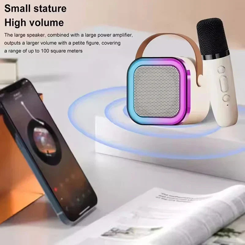 Karaoke wireless portable speaker with purple and blue glowing frame and perforated grille mini lamp caixa sound box music