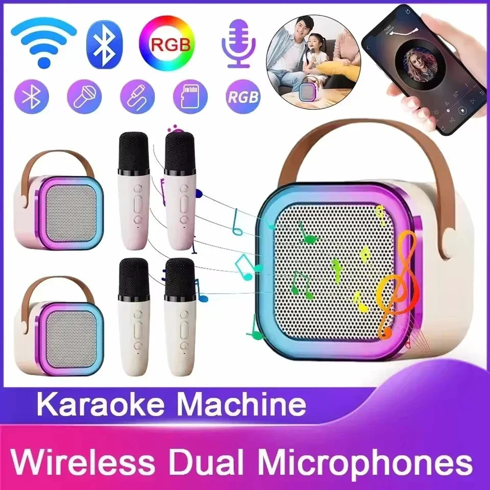 A sleek beige karaoke wireless portable sound box music speaker with rgb lighting and mini lamp caixa design