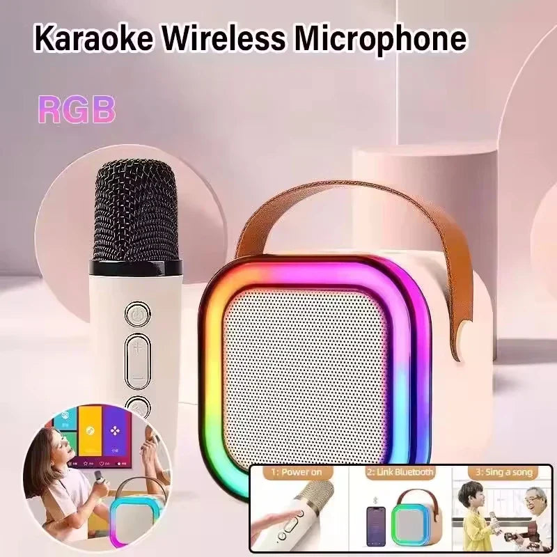 White karaoke wireless portable microphone with black mesh grille paired with rgb mini lamp caixa sound box music speaker