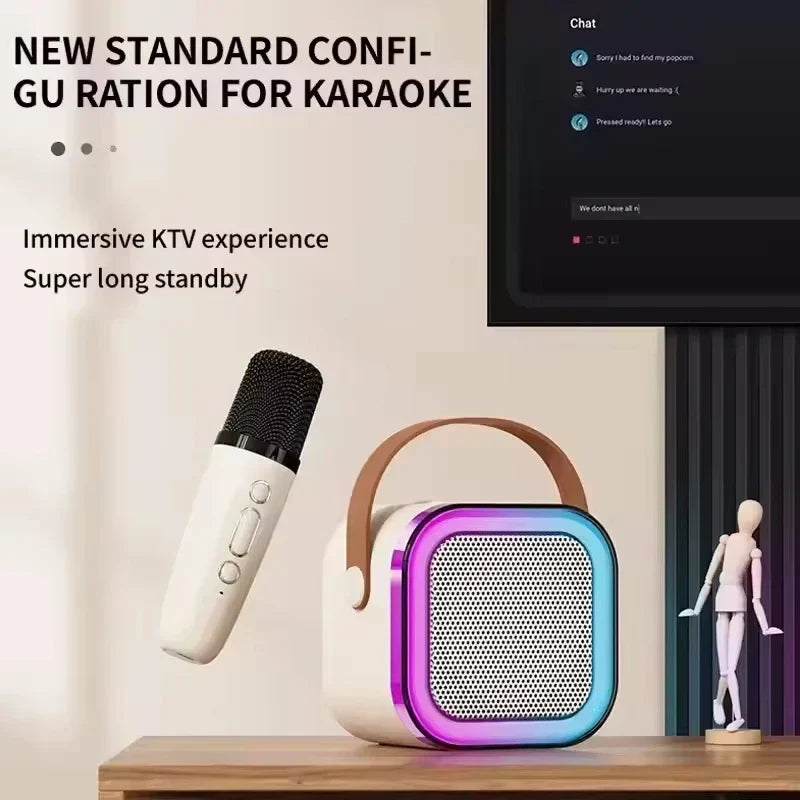 White and purple led-lit karaoke wireless portable sound box music speaker with brown leather handle and mini lamp caixa design