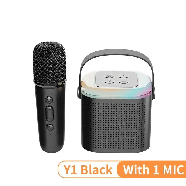 Black karaoke wireless portable bluetooth speaker with microphone machine mini and colorful led lighting on top